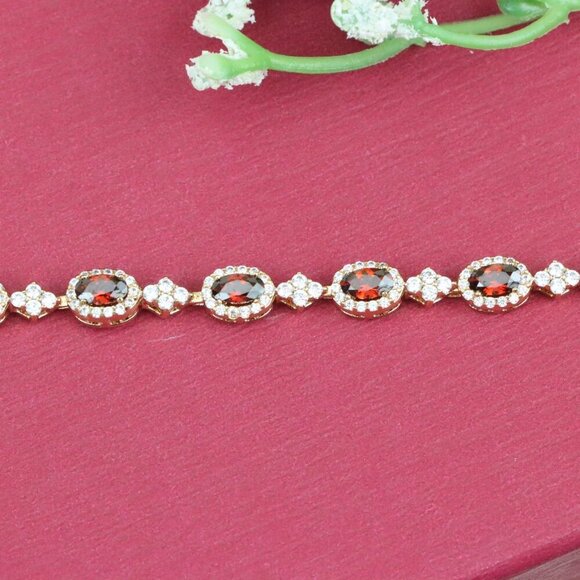 "Rose Gold Plated Red Oval Stone Bracelet with White Accents, XPBL0778 - Picture 4 of 11
